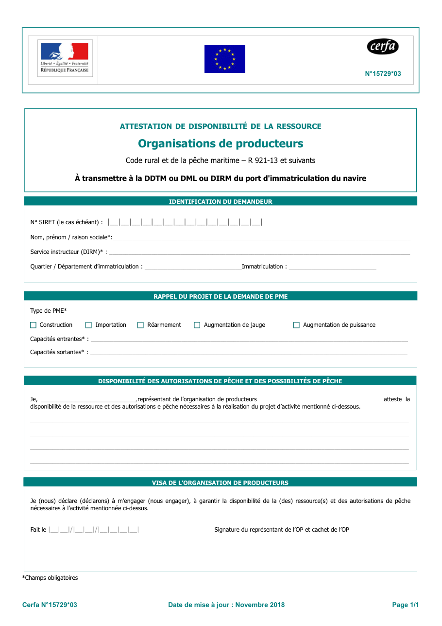 Page 1 du formulaire cerfa 15729 — Attestation de disponibilité de la ressource - organisations de producteurs (pêche)