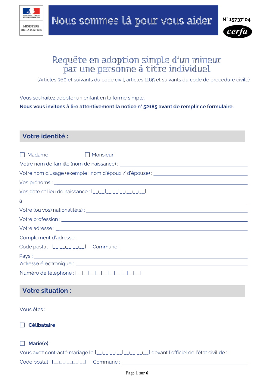 Page 1 du formulaire cerfa 15737 — Requête en adoption simple d’un mineur par une personne à titre individuel