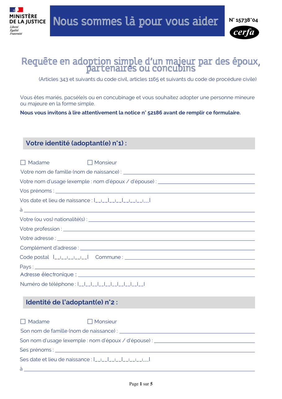 Page 1 du formulaire cerfa 15738 — Demander l'adoption simple d'une personne mineure ou majeure