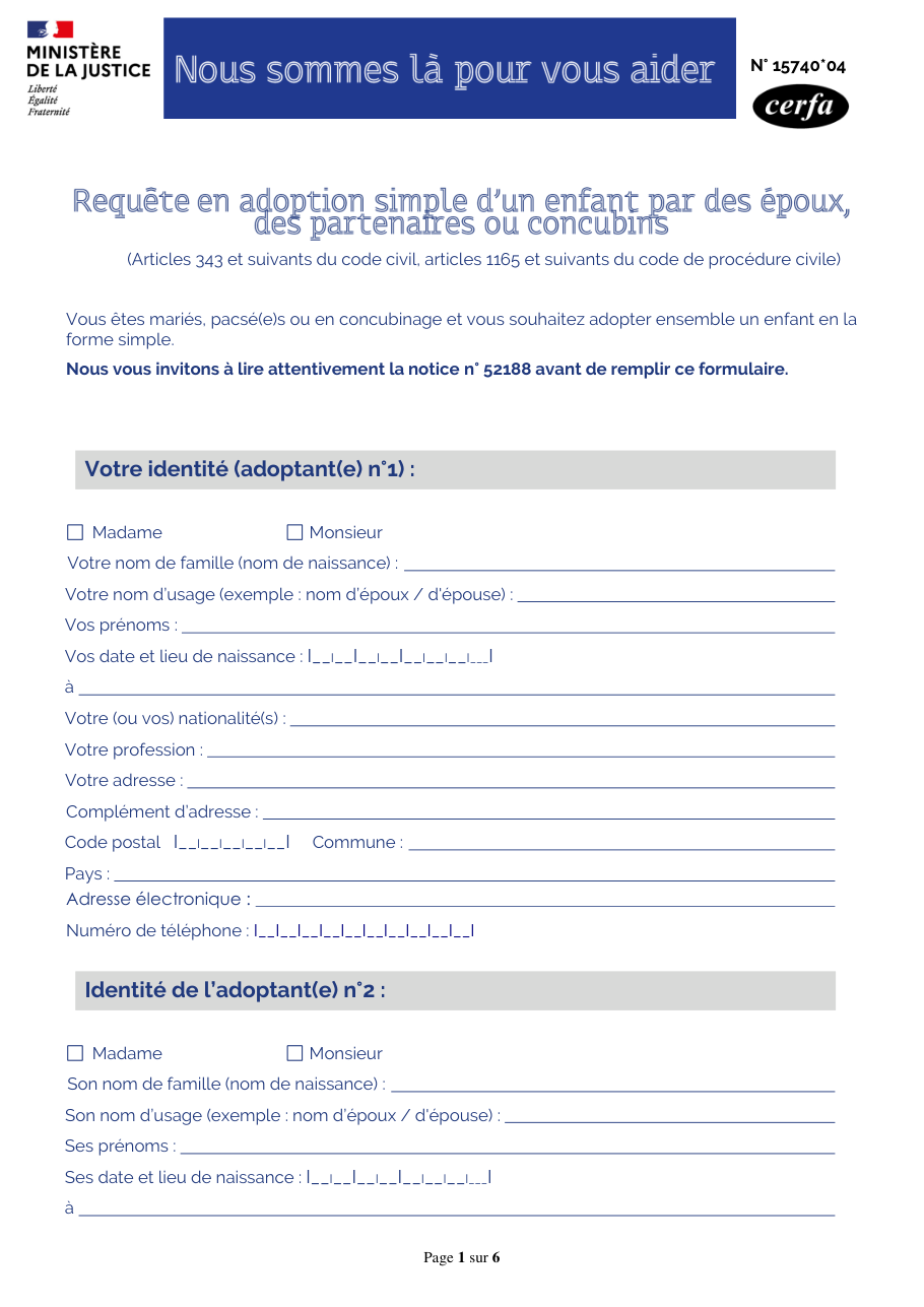 Page 1 du formulaire cerfa 15740 — Demande d'adoption simple par un couple marié, pacsé ou en concubinage