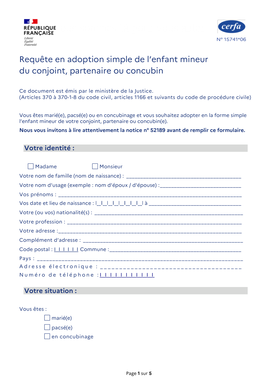 Page 1 du formulaire cerfa 15741 — Requête en adoption simple de l'enfant mineur du conjoint, partenaire ou concubin