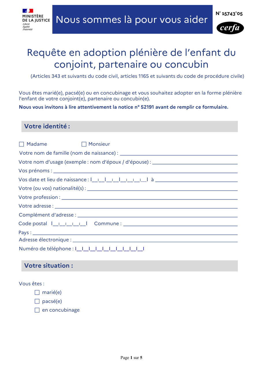 Page 1 du formulaire cerfa 15743 — Requête en adoption plénière de l’enfant du conjoint, partenaire ou concubin