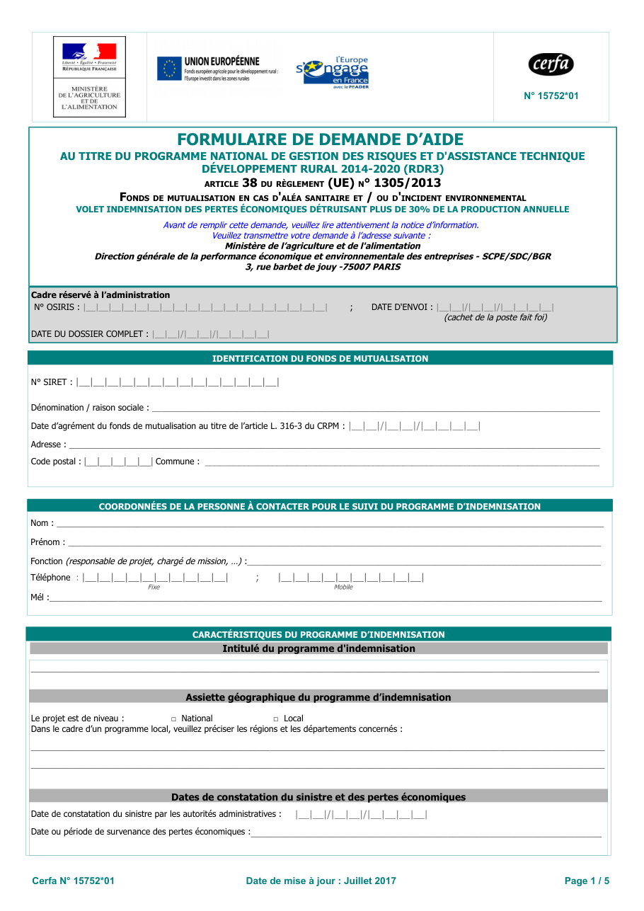 Page 1 du formulaire cerfa 15752 — Formulaire de demande d'aide — fonds de mutualisation en cas d'aléa sanitaire