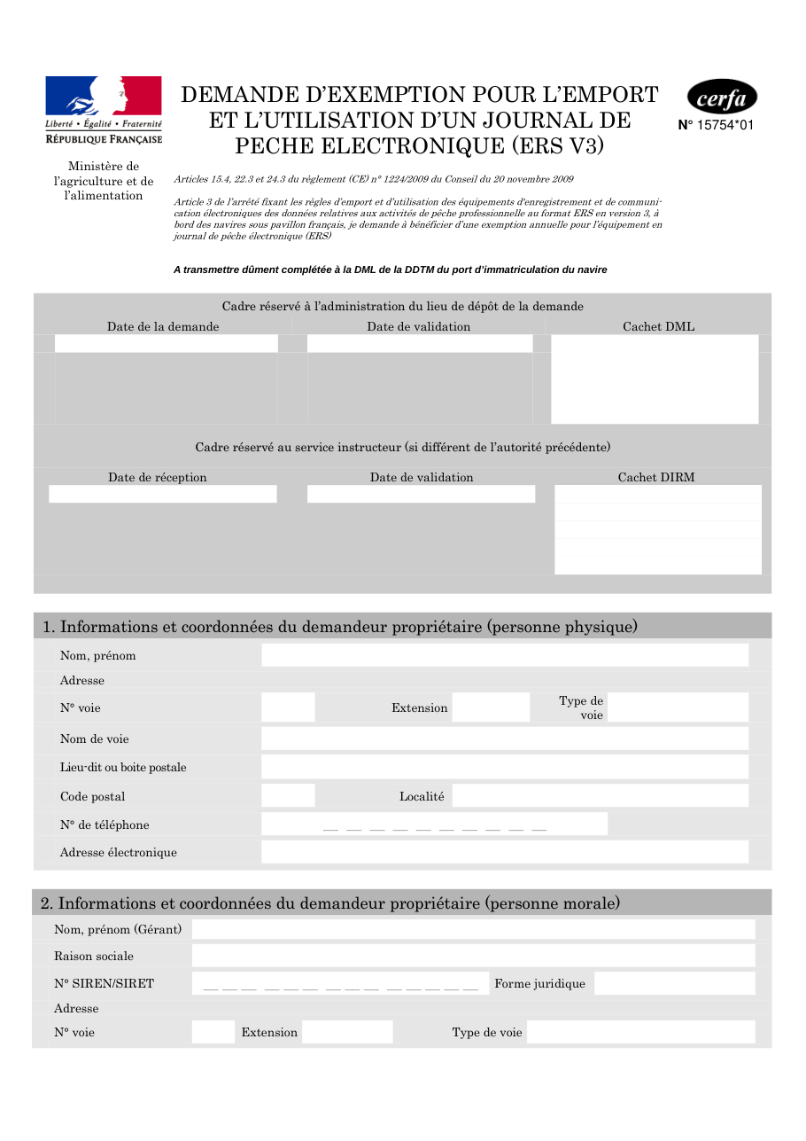 Page 1 du formulaire cerfa 15754 — Demande d'exemption pour l'emport et l'utilisation d'un journal de pêche électronique (ERS v3)