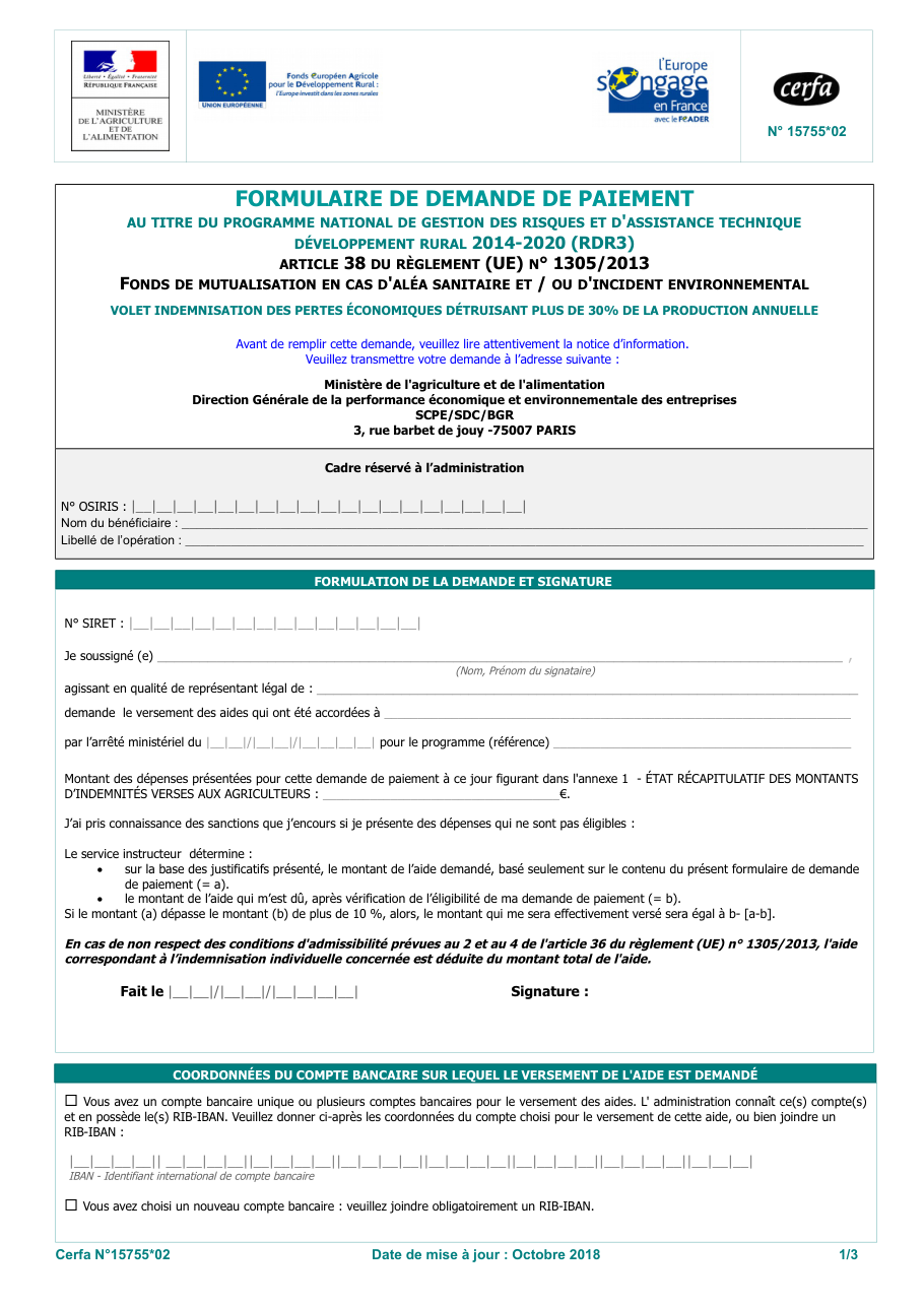 Page 1 du formulaire cerfa 15755 — Formulaire de demande de paiement — fonds de mutualisation sanitaire et environnemental