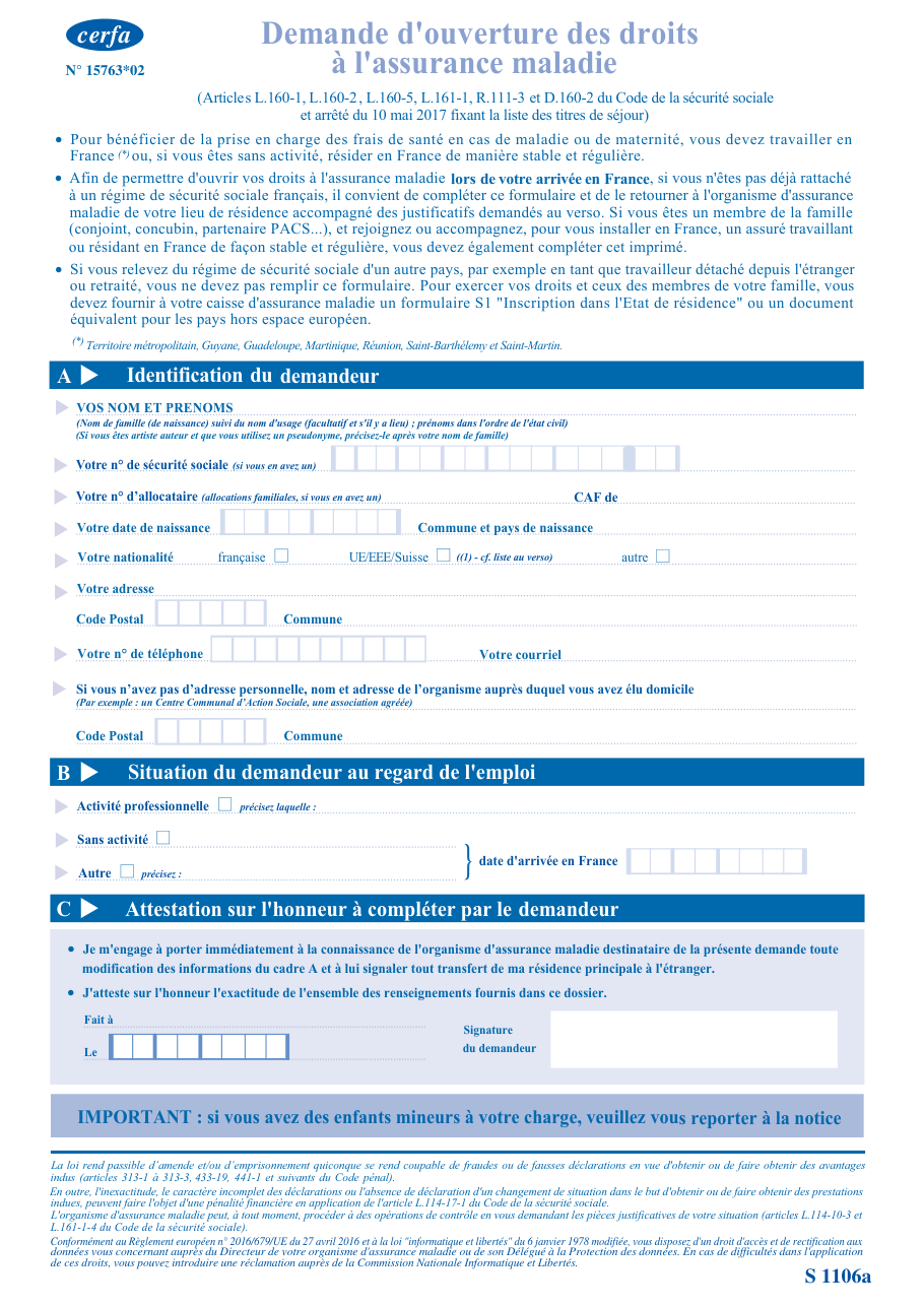 Page 1 du formulaire cerfa 15763 — Demande d'ouverture des droits à l'assurance maladie