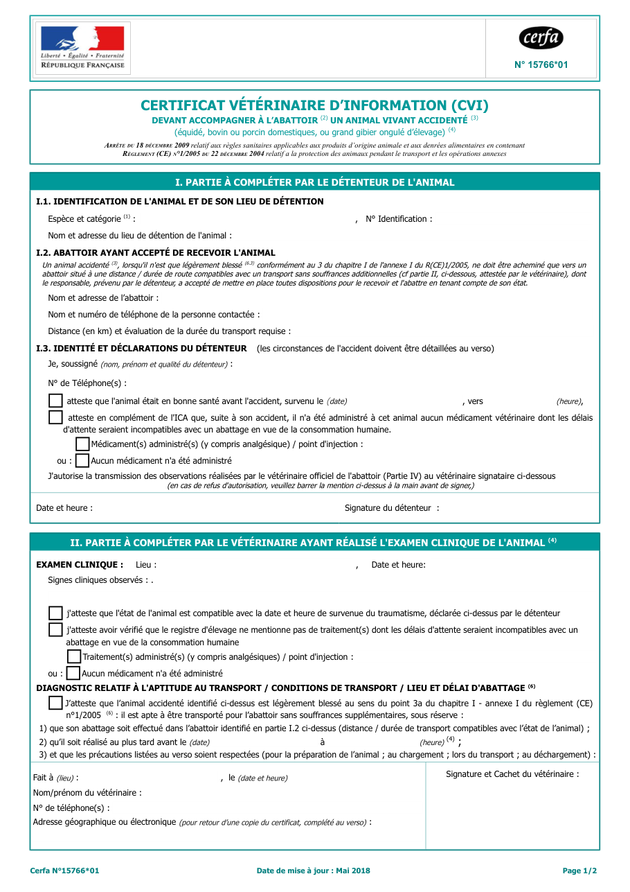 Page 1 du formulaire cerfa 15766 — Accompagner à l'abattoir un animal vivant accidenté avec un certificat vétérinaire