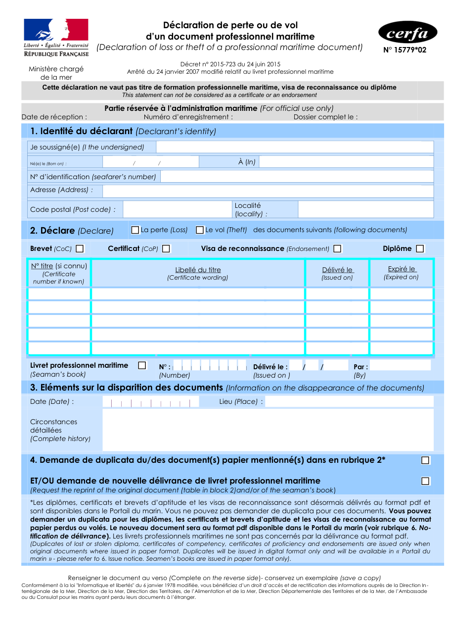 Page 1 du formulaire cerfa 15779 — Déclaration de perte ou de vol d'un document professionnel maritime