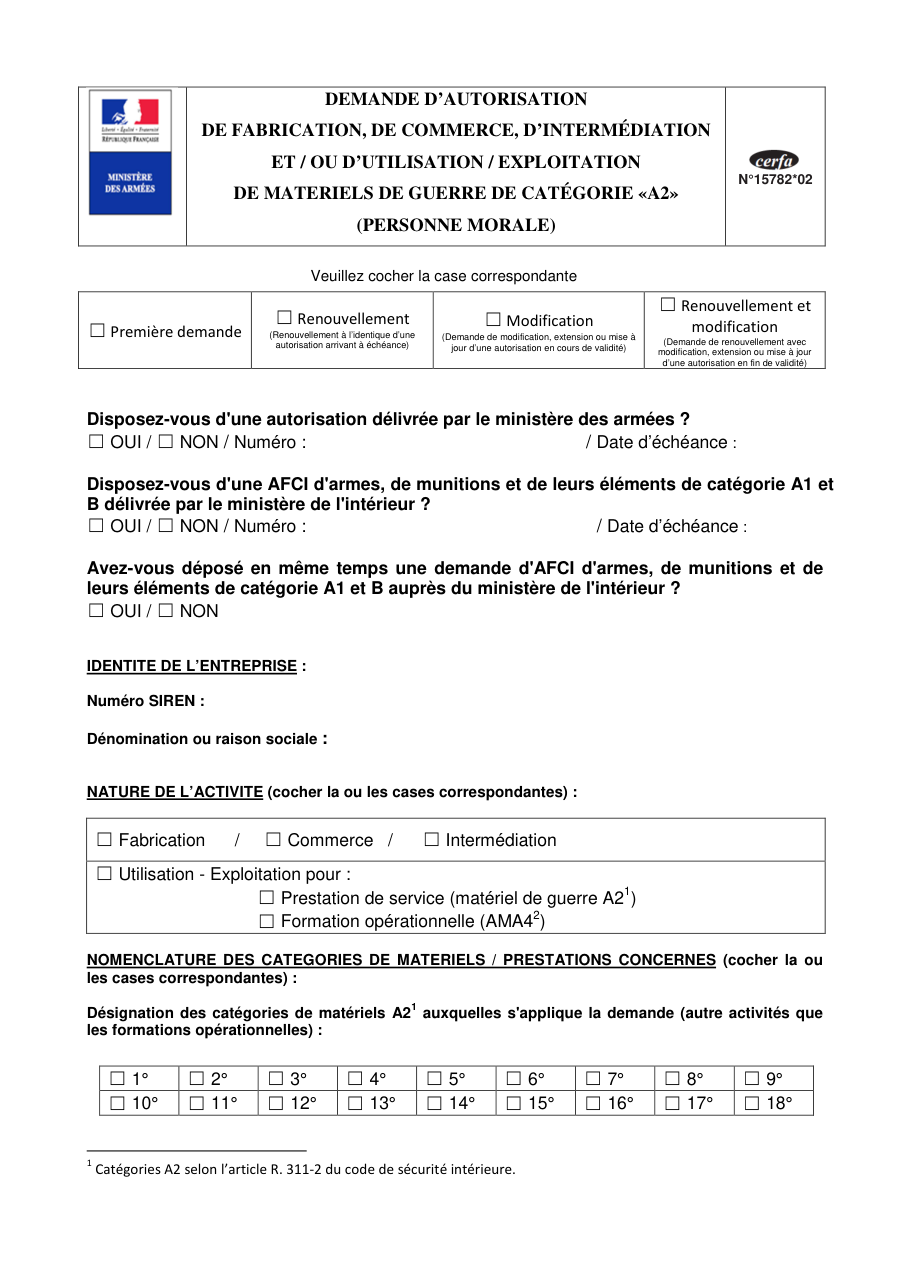 Page 1 du formulaire cerfa 15782 — Demande d'autorisation de fabrication, de commerce, d'intermédiation