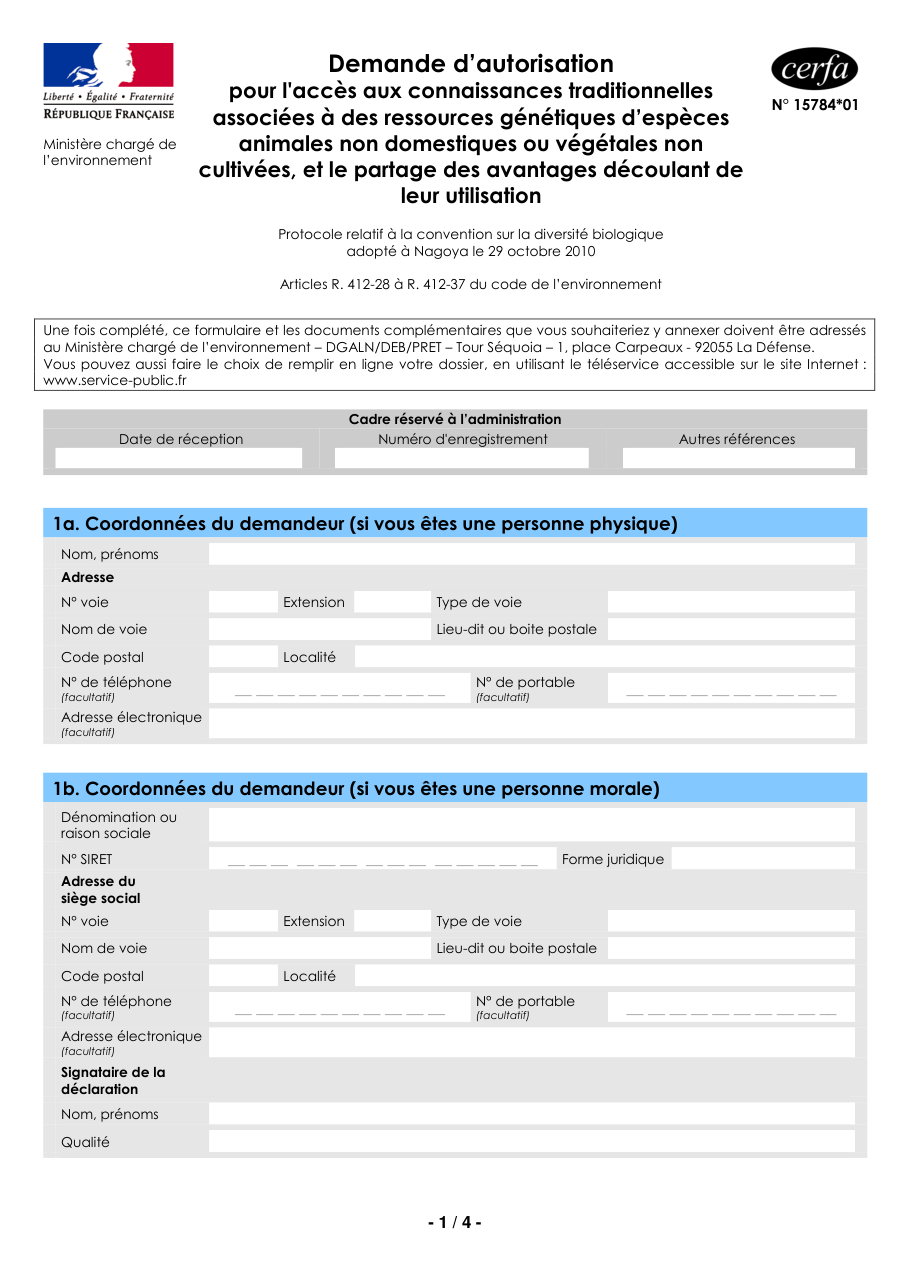 Page 1 du formulaire cerfa 15784 — Demande d'autorisation pour l'accès aux connaissances traditionnelles associées