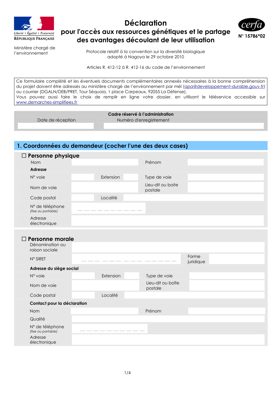 Page 1 du formulaire cerfa 15786 — Déclaration pour l'accès aux ressources génétiques et le partage des avantages découlant