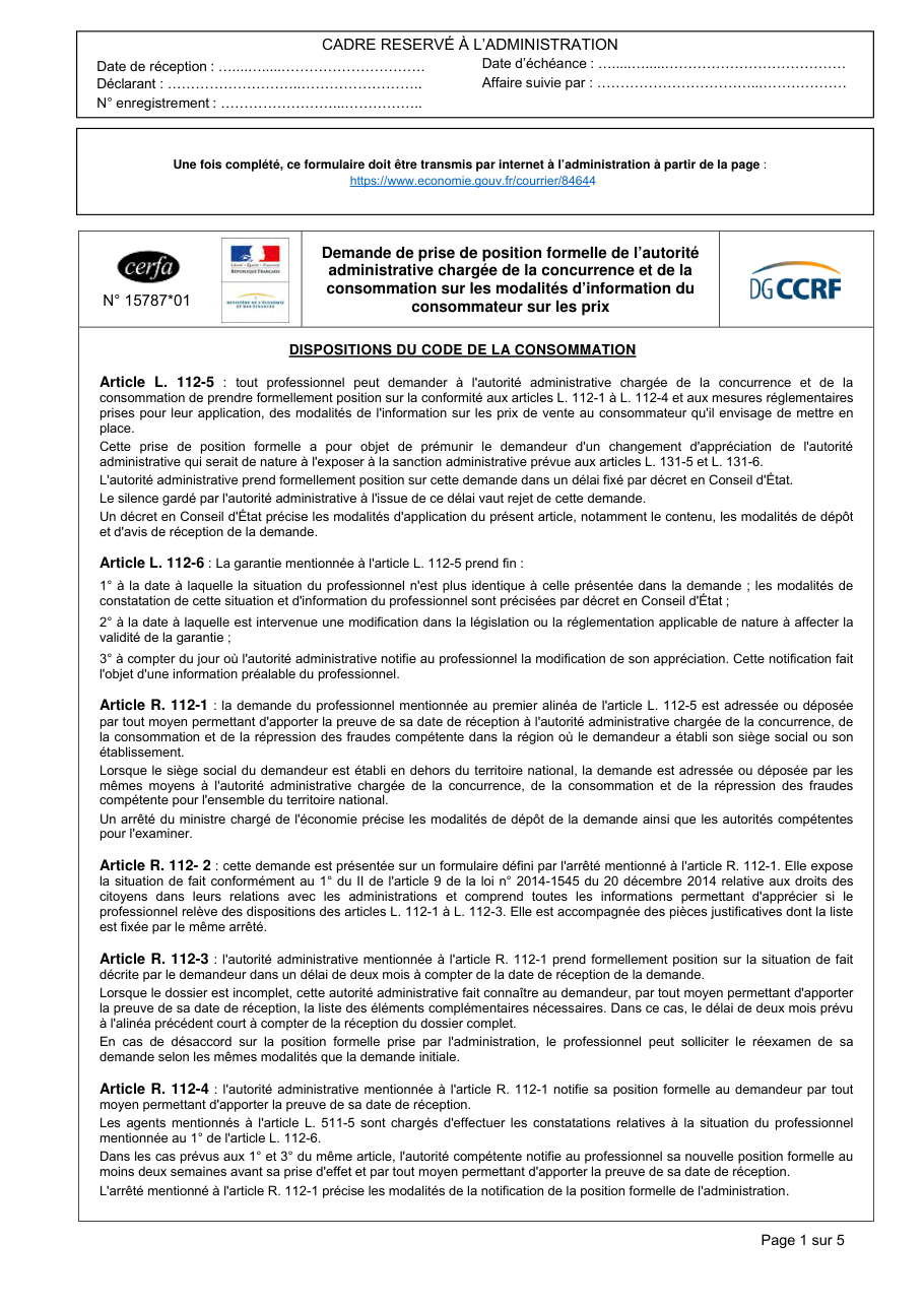 Page 1 du formulaire cerfa 15787 — Demande de prise de position formelle sur les modalités d'information du consommateur