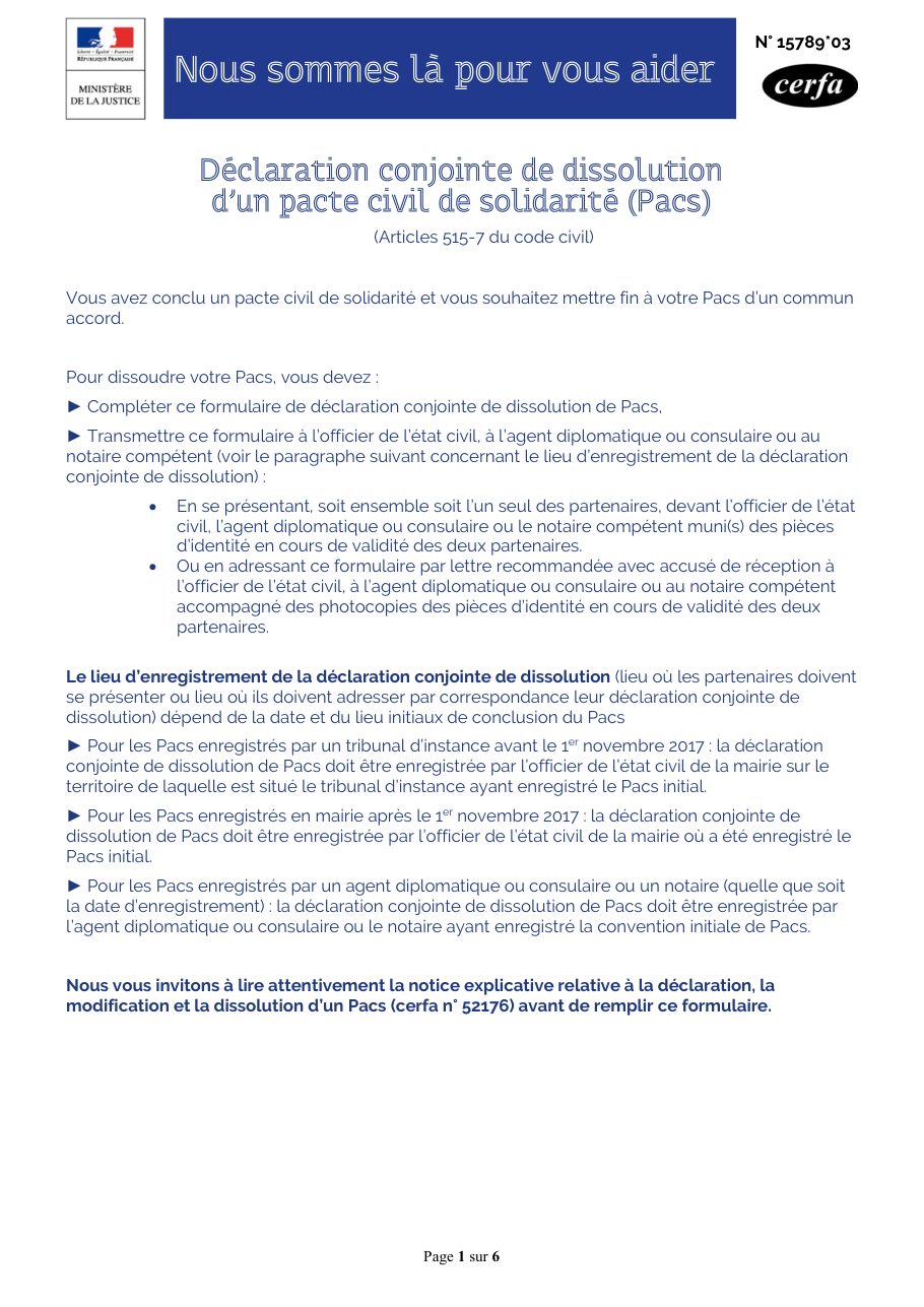 Page 1 du formulaire cerfa 15789 — Mettre fin à un Pacs d'un commun accord