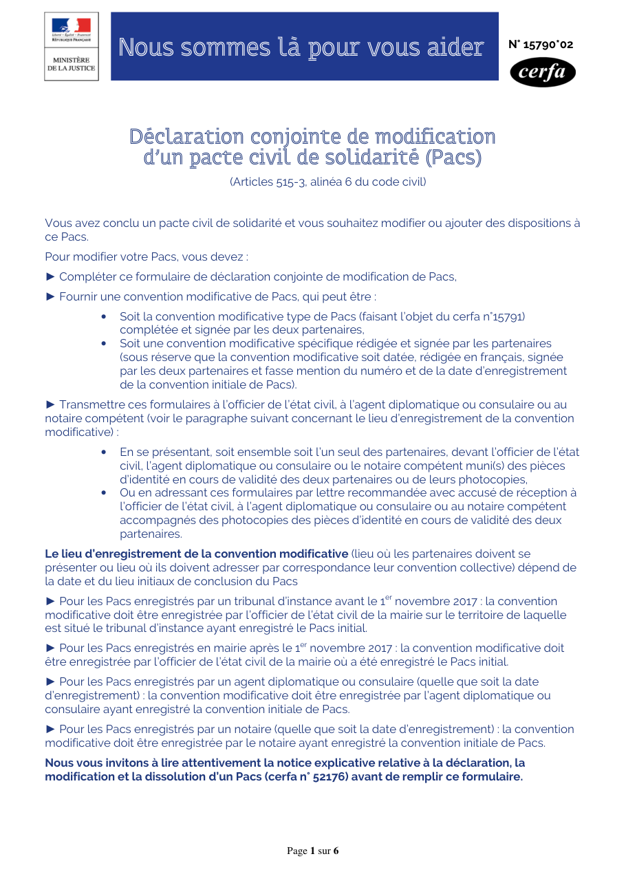 Page 1 du formulaire cerfa 15790 — Modifier un Pacs par déclaration conjointe