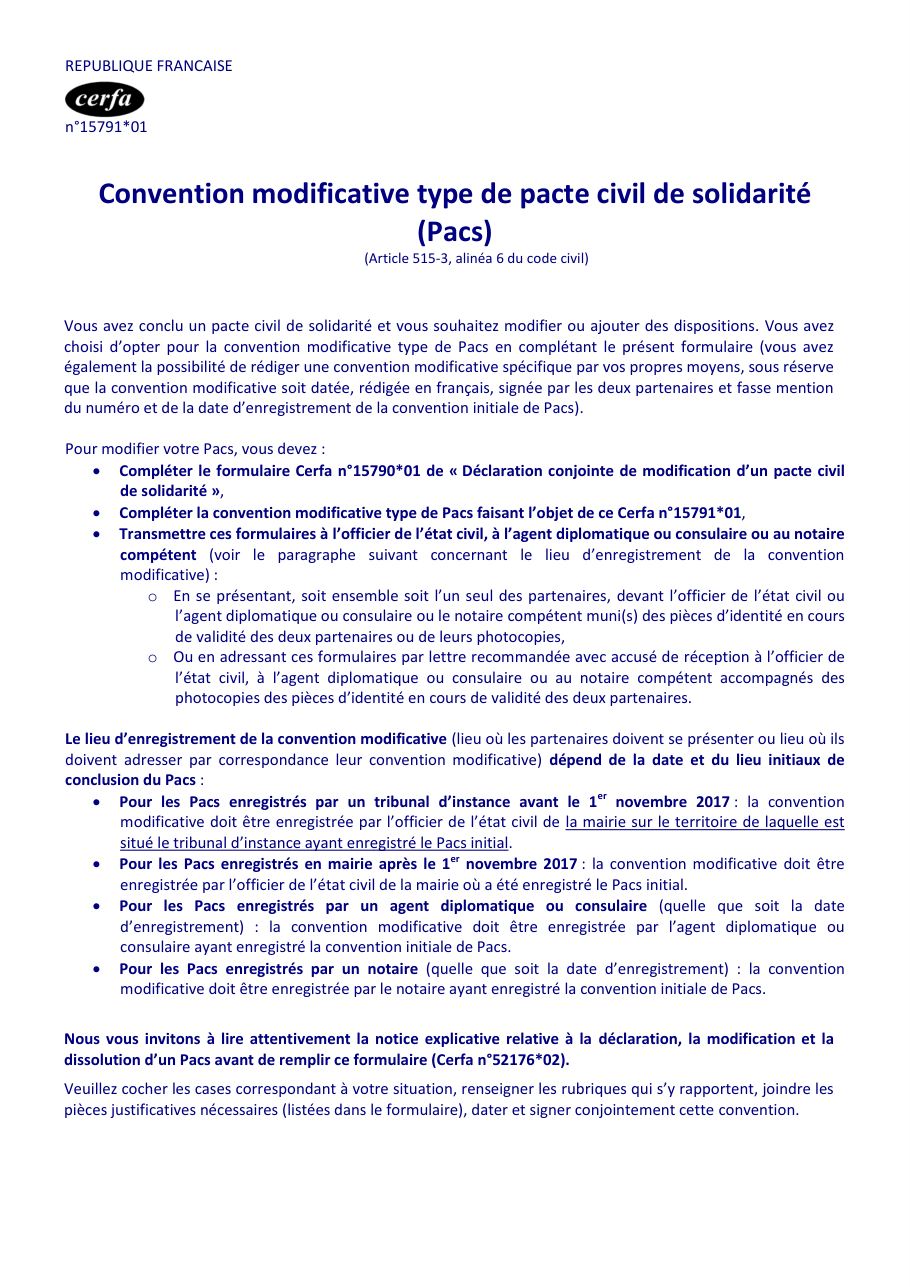 Page 1 du formulaire cerfa 15791 — Convention modificative type de pacte civil de solidarité (Pacs)