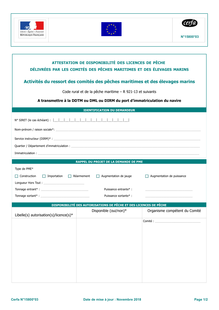 Page 1 du formulaire cerfa 15800 — Obtenir du comité des pêches l'attestation de disponibilité des licences de pêche