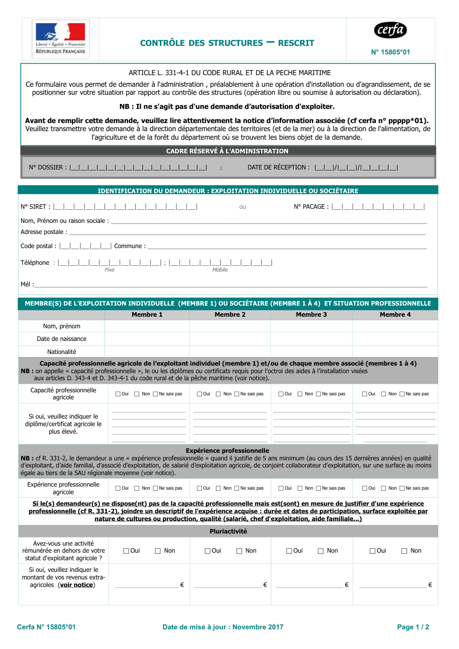 Page 1 du formulaire cerfa 15805 — Demander un rescrit pour savoir si son installation ou son agrandissement agricole relève du contrôle des structures