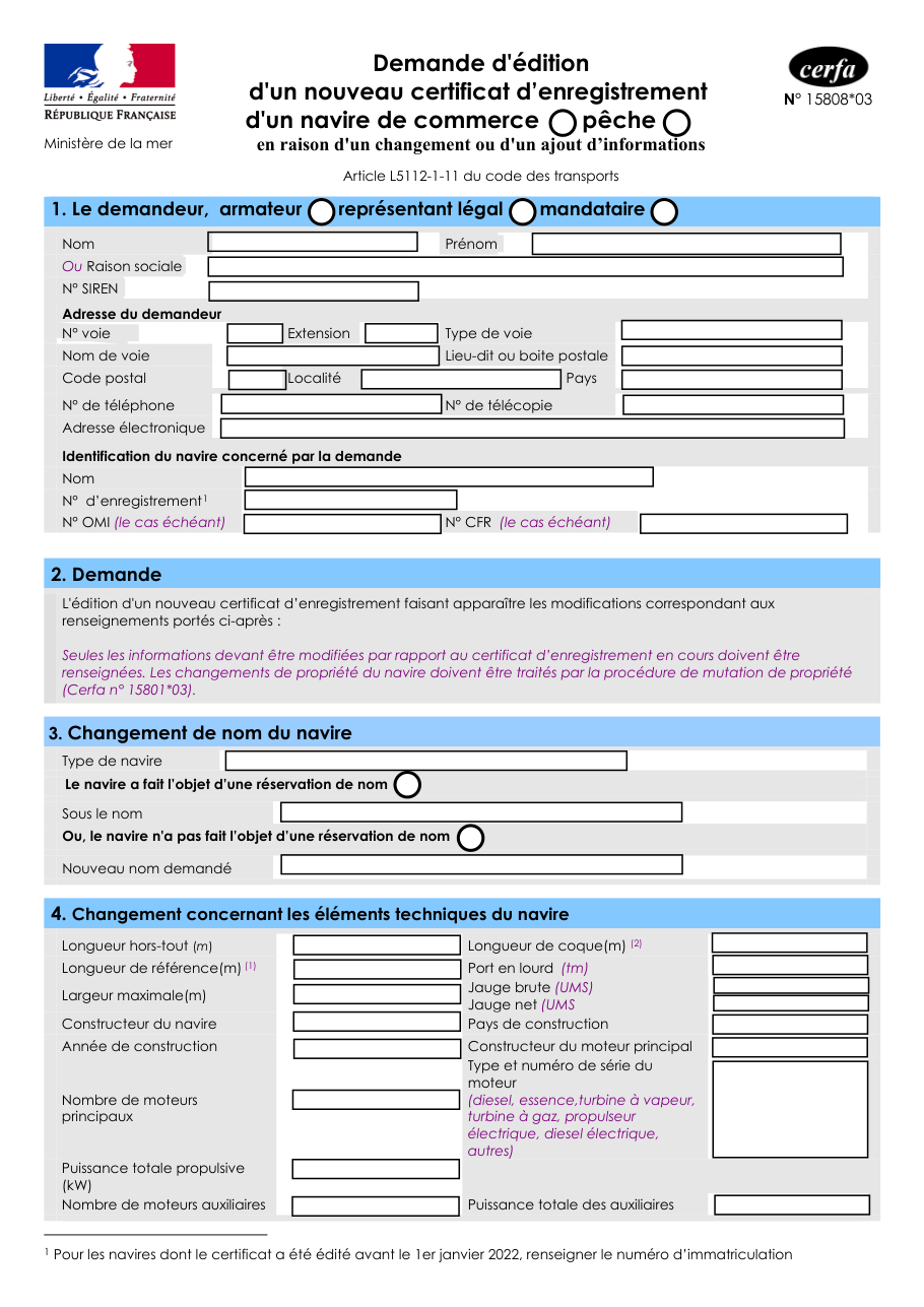 Page 1 du formulaire cerfa 15808 — Demander un nouveau certificat d'enregistrement pour un navire