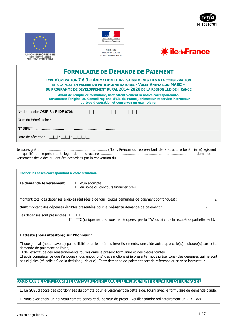 Page 1 du formulaire cerfa 15810 — Demande de paiement - animation et investissements liés à la conservation du patrimoine