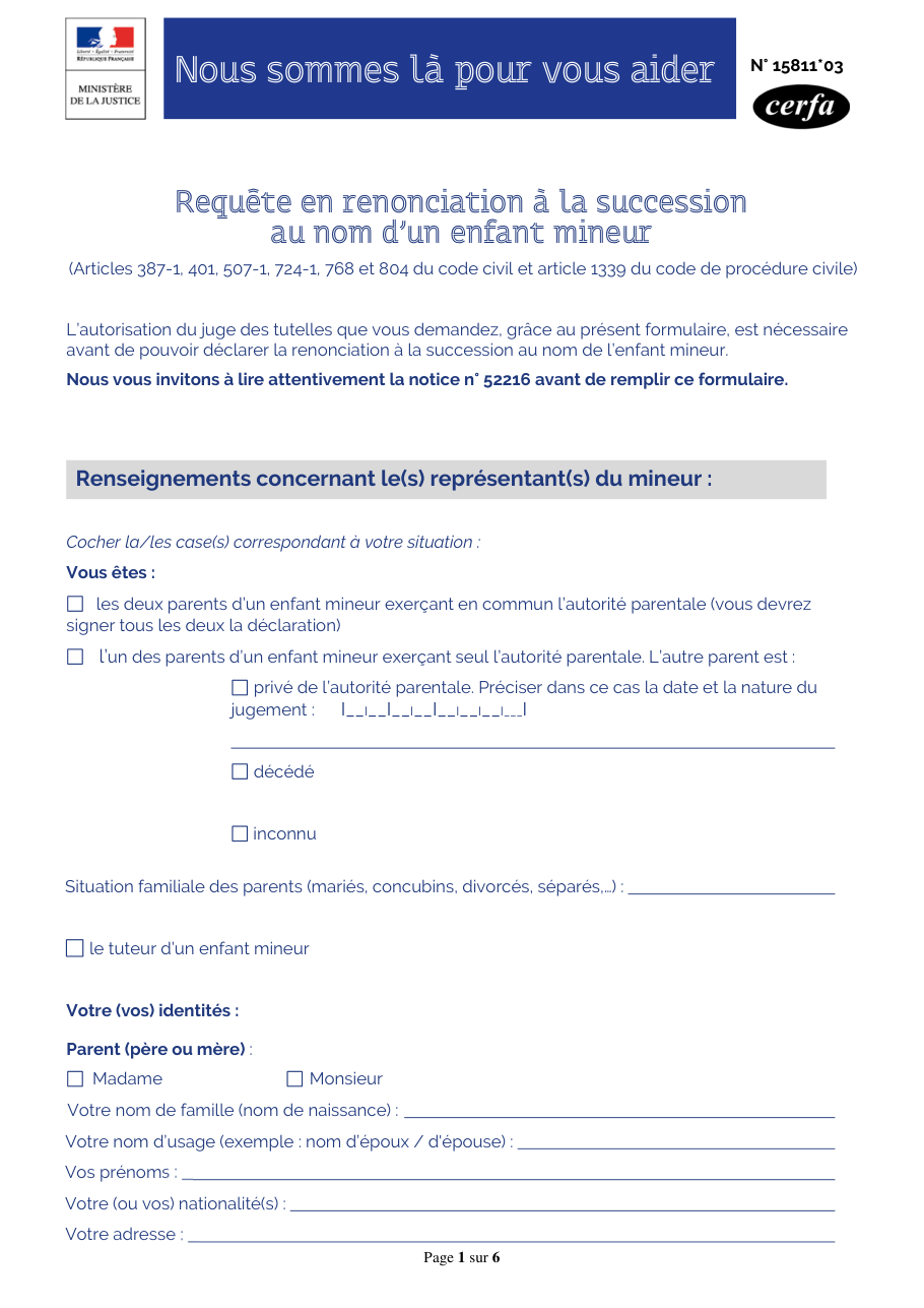 Page 1 du formulaire cerfa 15811 — Requête en renonciation à la succession au nom d'un enfant mineur