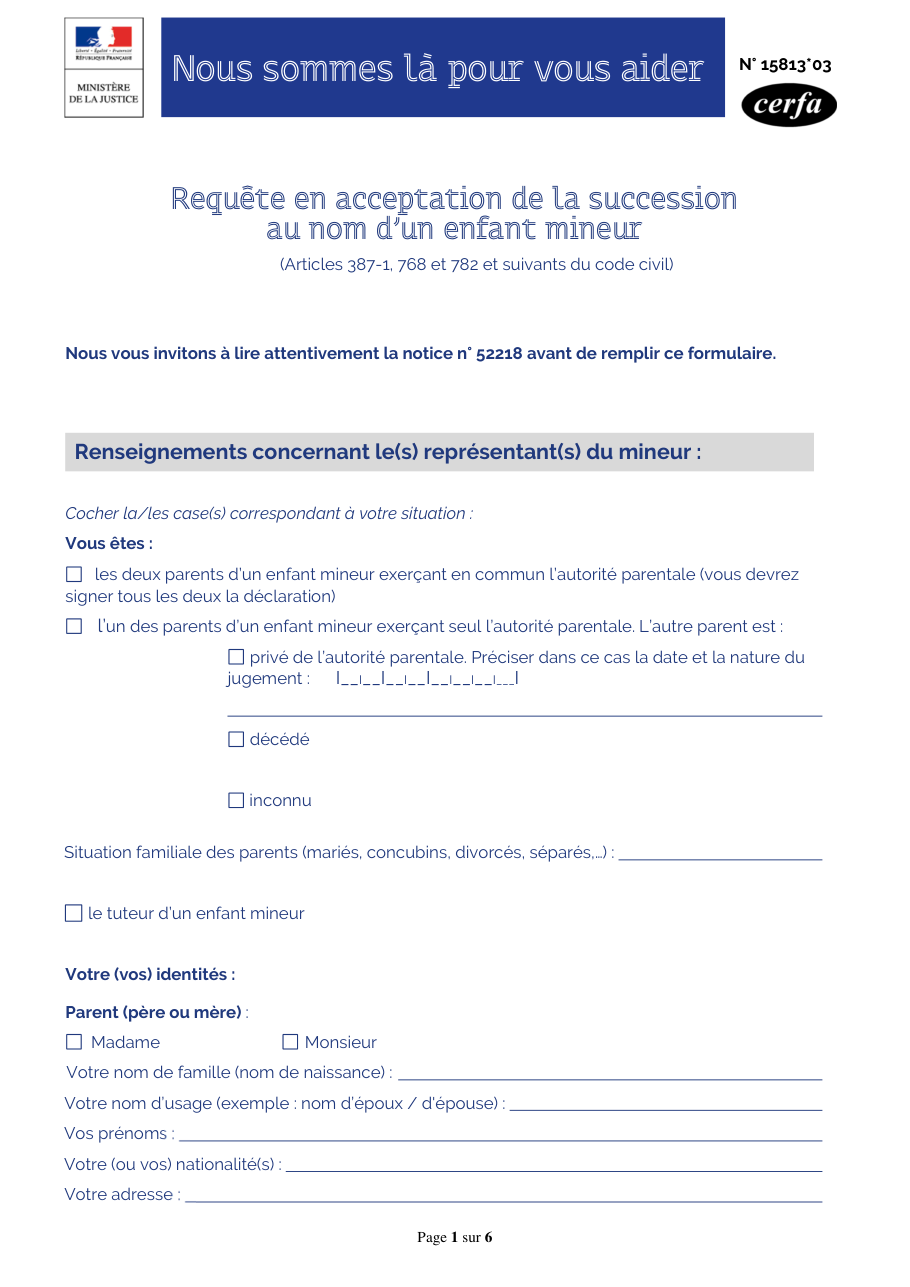 Page 1 du formulaire cerfa 15813 — Requête en acceptation de la succession au nom d’un enfant mineur