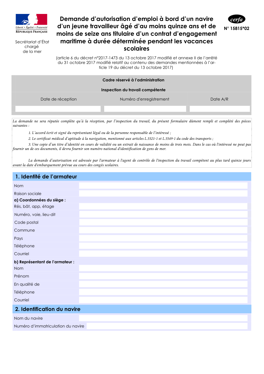 Page 1 du formulaire cerfa 15815 — Demande d'autorisation d'emploi à bord d'un navire