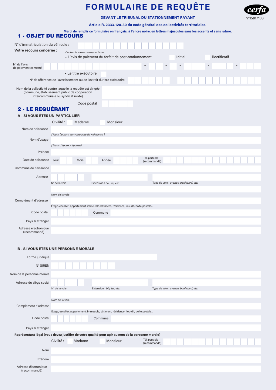 Page 1 du formulaire cerfa 15817 — Formulaire de requête devant le tribunal du stationnement payant