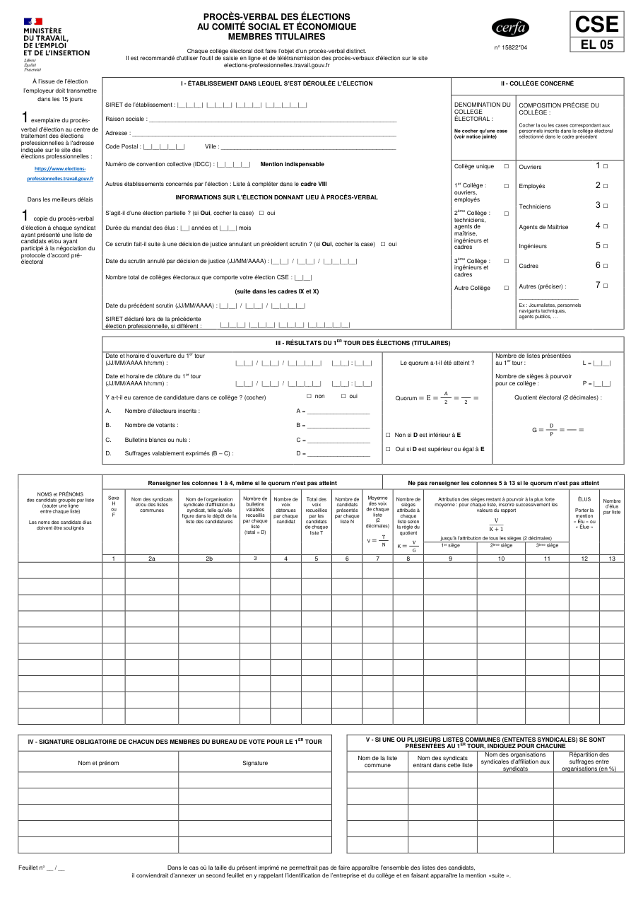 Page 1 du formulaire cerfa 15822 — Établir le procès-verbal de l'élection des membres titulaires du CSE