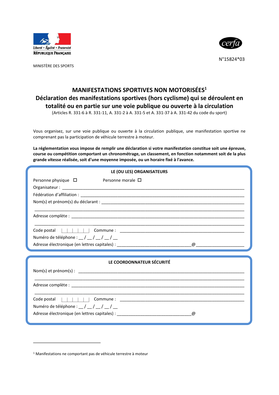 Page 1 du formulaire cerfa 15824 — Déclarer une manifestation sportive non motorisée sur la voie publique