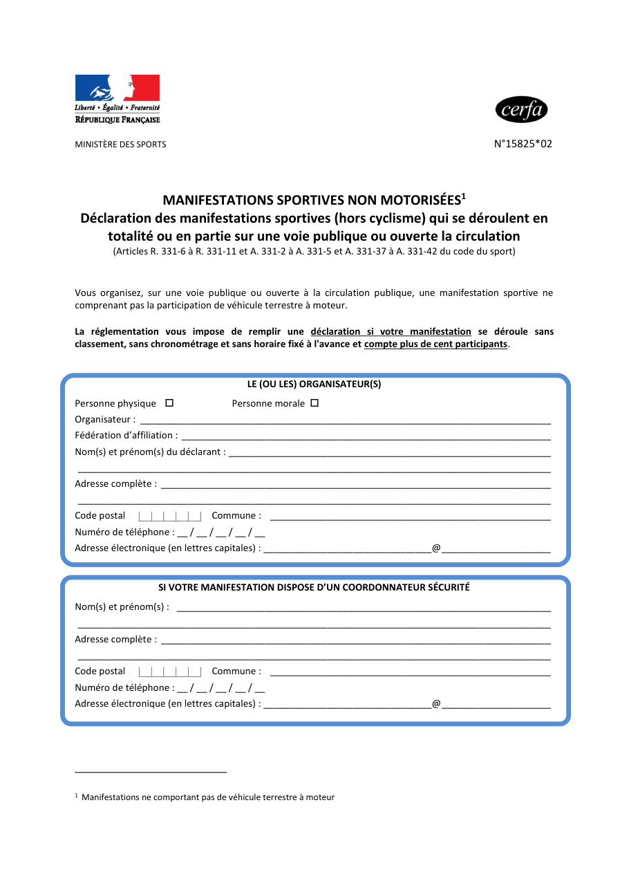 Page 1 du formulaire cerfa 15825 — Déclaration d'une manifestation sportive non motorisée