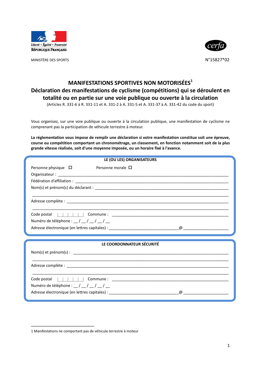 Page 1 du formulaire cerfa 15827 — Déclaration d'une manifestation sportive de cyclisme (compétition) sur voie publique