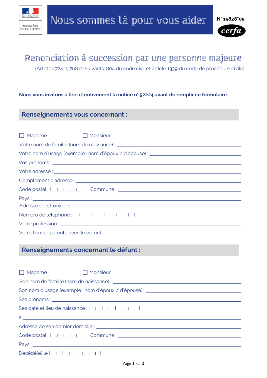 Page 1 du formulaire cerfa 15828 — Renonciation à succession par une personne majeure