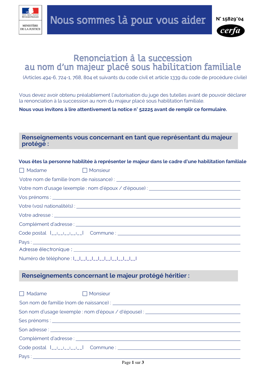 Page 1 du formulaire cerfa 15829 — Renonciation à la succession au nom d'un majeur placé sous habilitation familiale