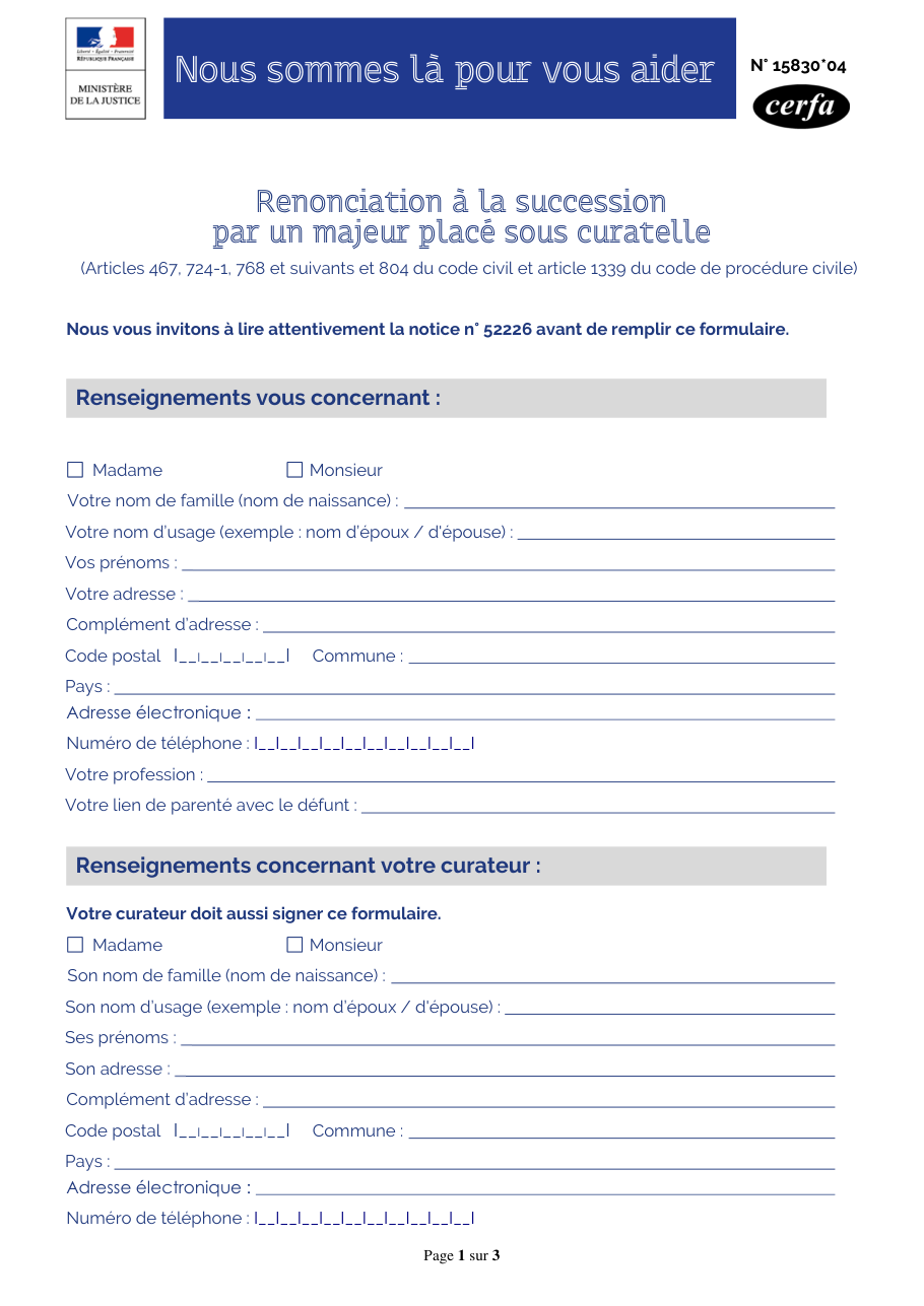 Page 1 du formulaire cerfa 15830 — Renonciation à la succession par un majeur placé sous curatelle