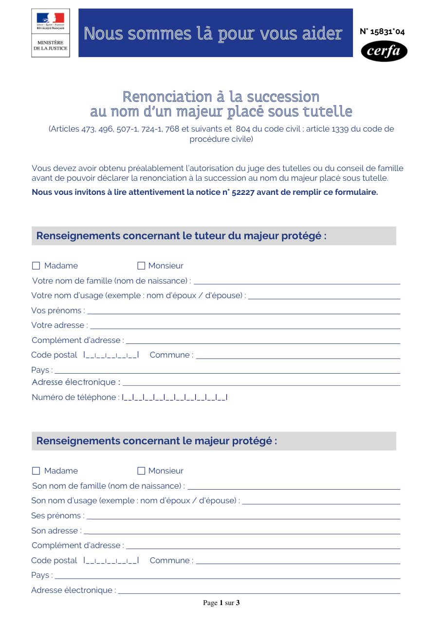 Page 1 du formulaire cerfa 15831 — Renonciation à la succession au nom d’un majeur placé sous tutelle