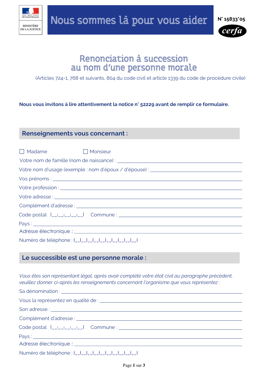 Page 1 du formulaire cerfa 15833 — Renonciation à succession au nom d'une personne morale
