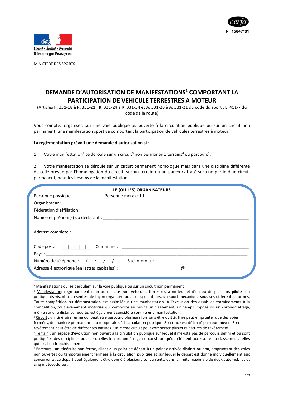 Page 1 du formulaire cerfa 15847 — Demande d'autorisation de manifestations comportant la participation de véhicules