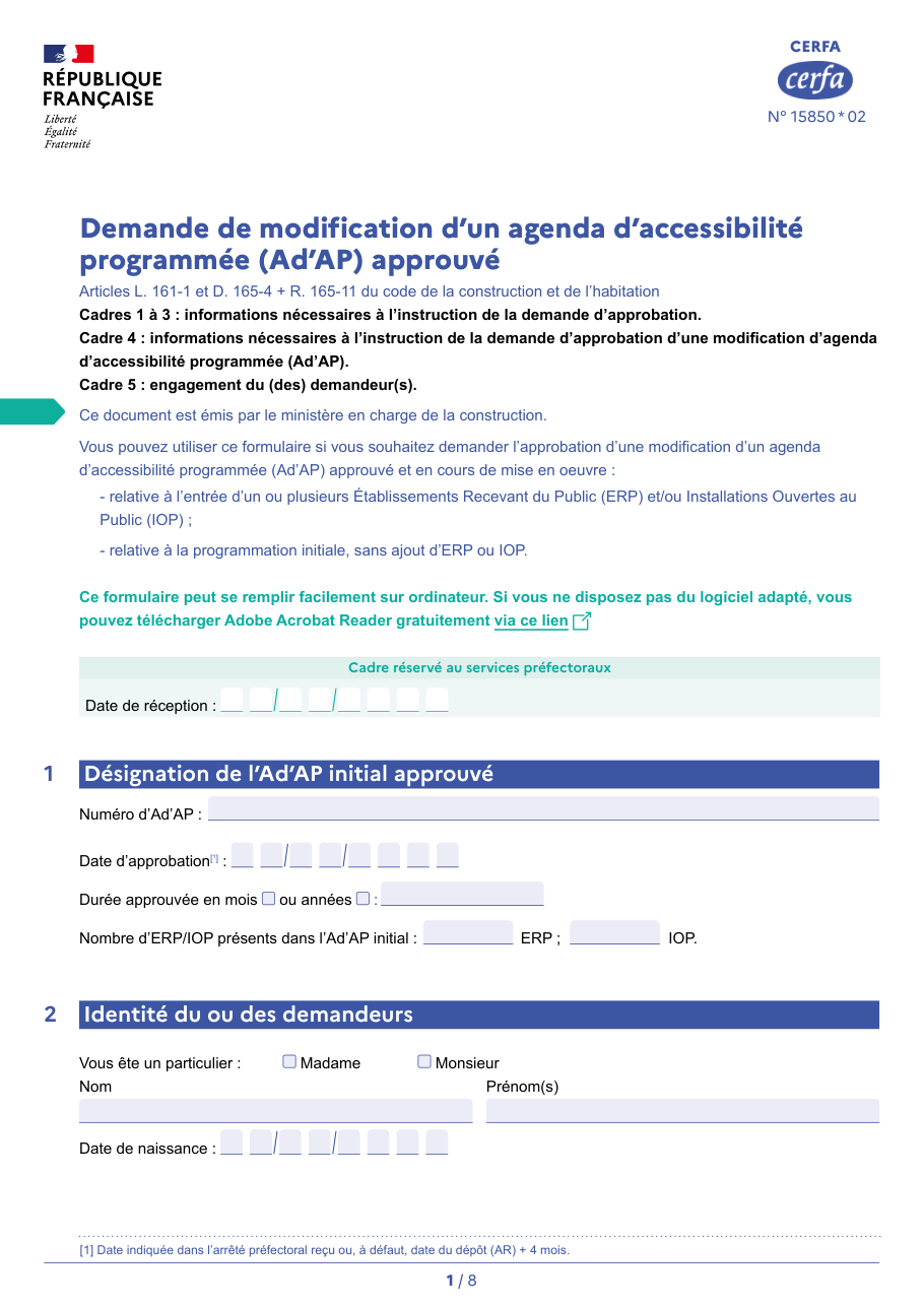 Page 1 du formulaire cerfa 15850 — Demande de modification d'un agenda d'accessibilité programmée (Ad'AP) approuvé