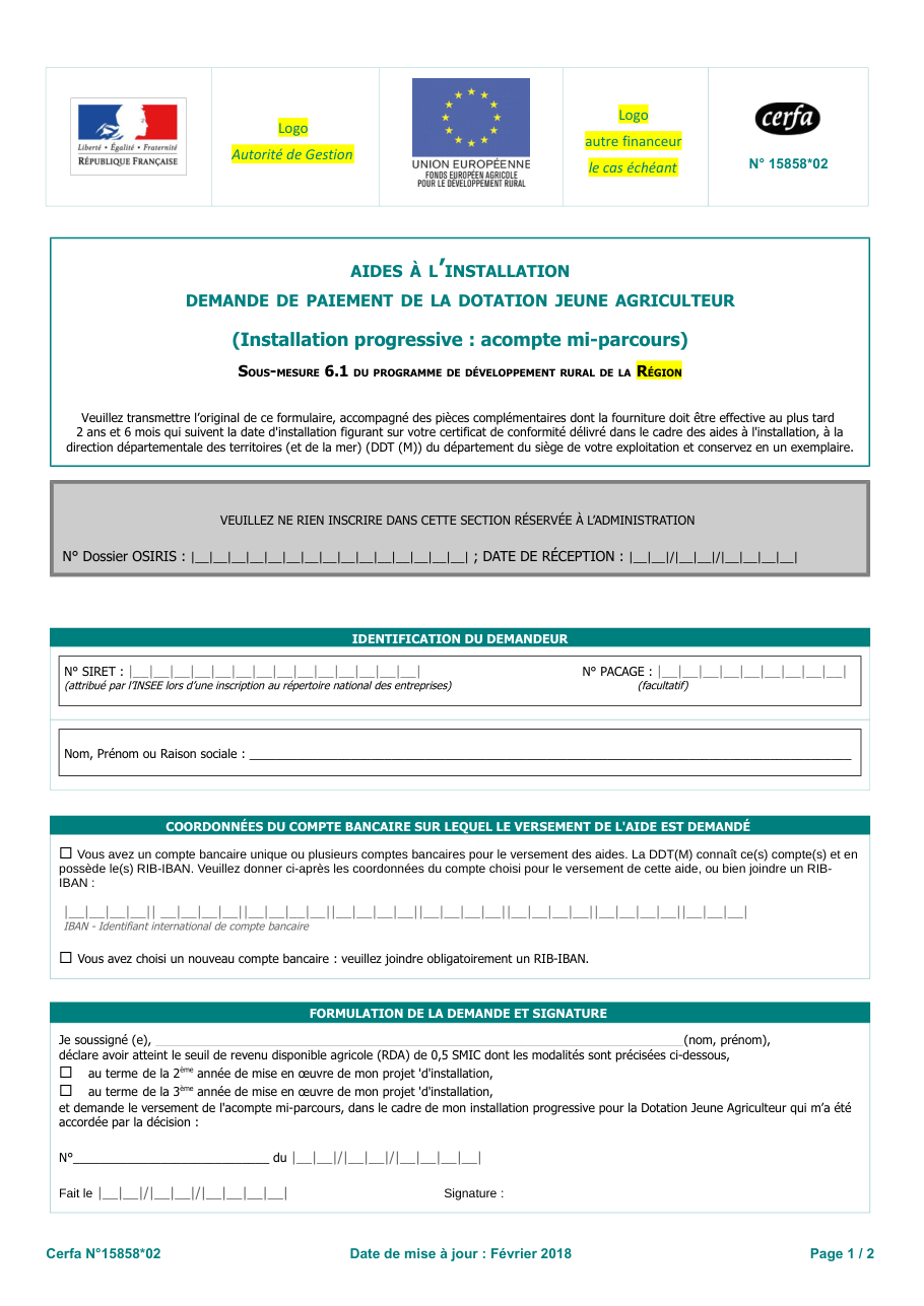 Page 1 du formulaire cerfa 15858 — (Installation progressive : acompte mi-parcours)