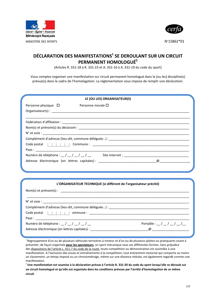 Page 1 du formulaire cerfa 15862 — Déclaration des manifestations se déroulant sur un circuit permanent homologué