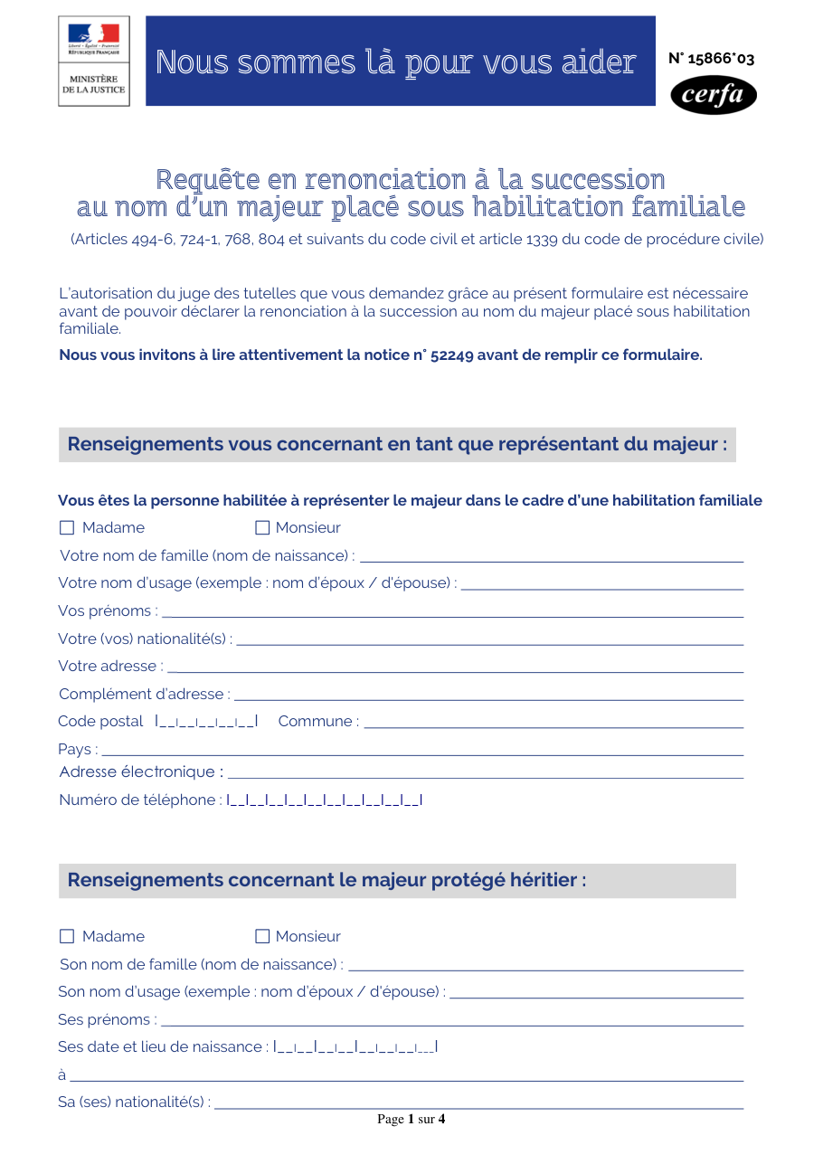 Page 1 du formulaire cerfa 15866 — Requête en renonciation à la succession au nom d'un majeur placé sous habilitation familiale