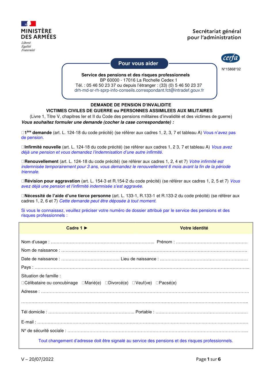 Page 1 du formulaire cerfa 15868 — Demande de pension d'invalidité des victimes civiles de guerre