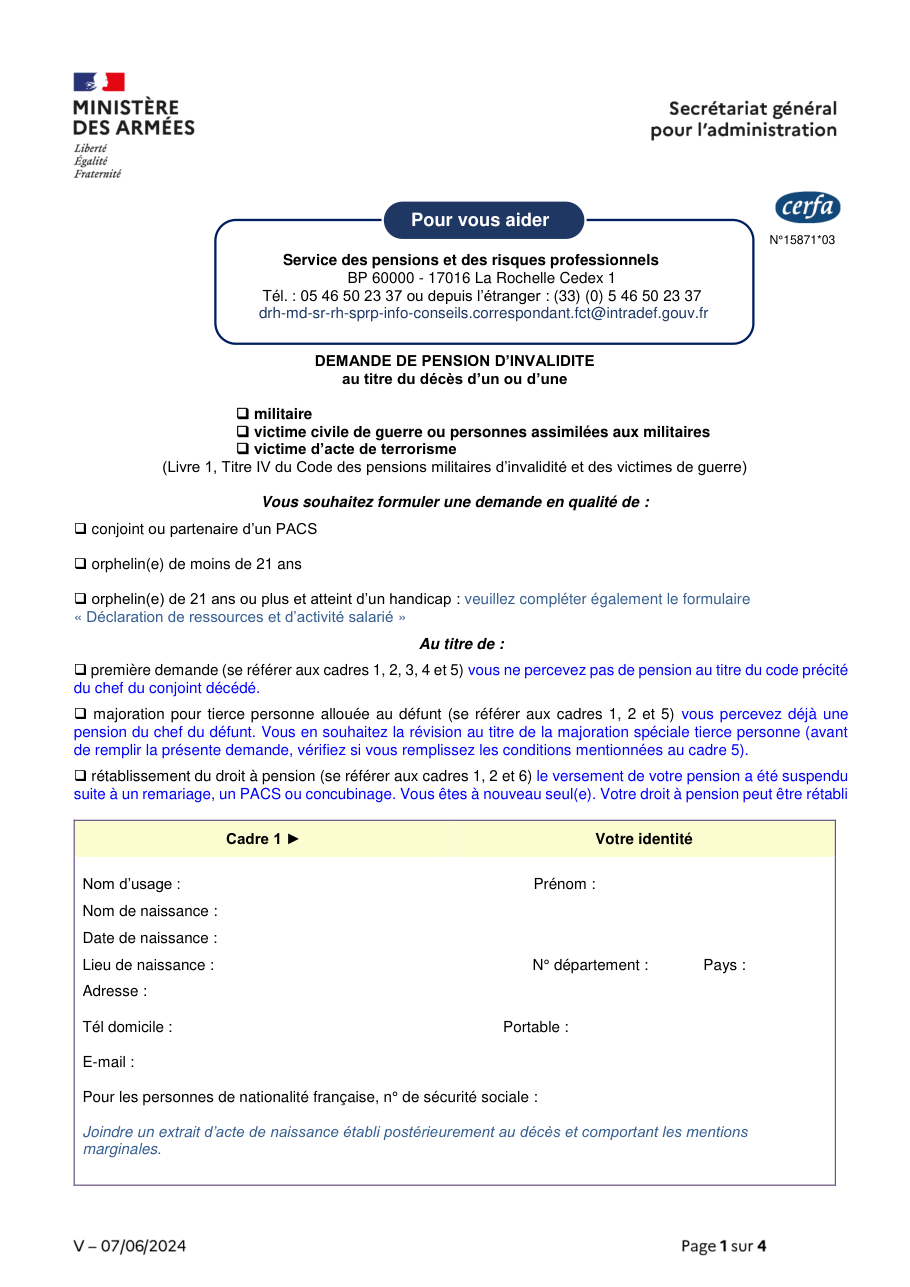 Page 1 du formulaire cerfa 15871 — Demande de pension d'invalidité au titre du décès d'un militaire, d'une victime civile