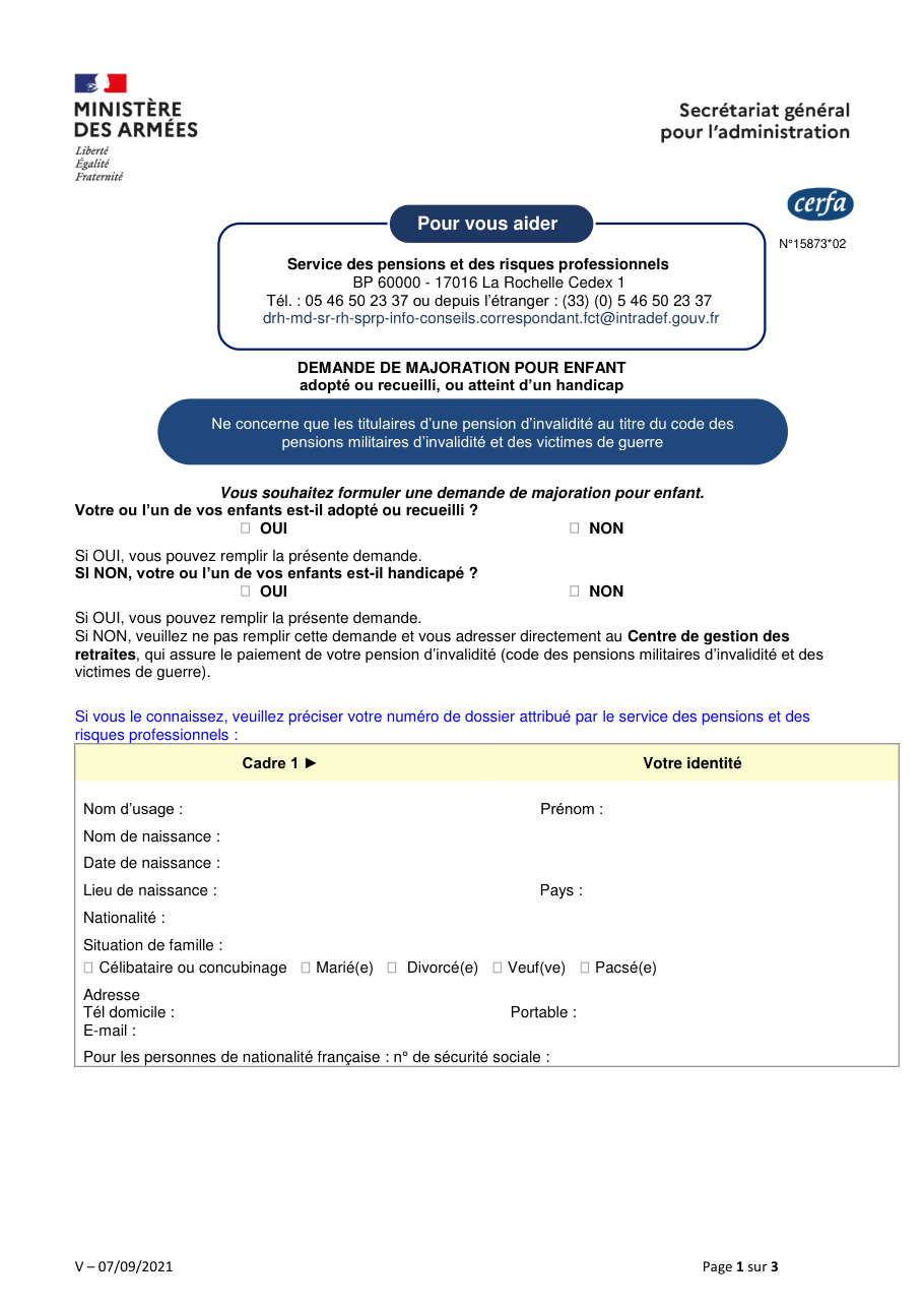 Page 1 du formulaire cerfa 15873 — Demander une majoration de sa pension militaire d'invalidité pour un enfant adopté, recueilli ou handicapé