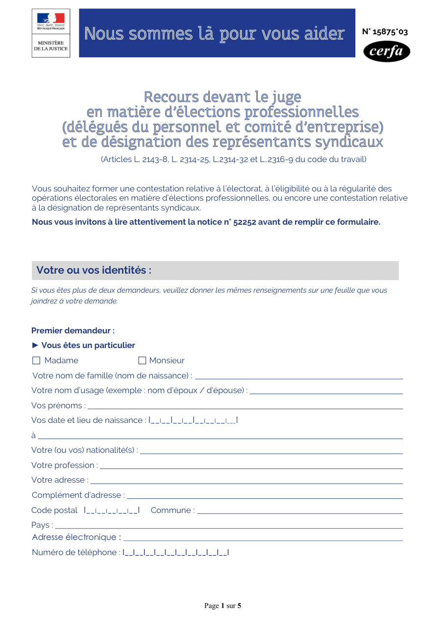 Page 1 du formulaire cerfa 15875 — Contester des élections professionnelles ou la désignation d'un représentant syndical