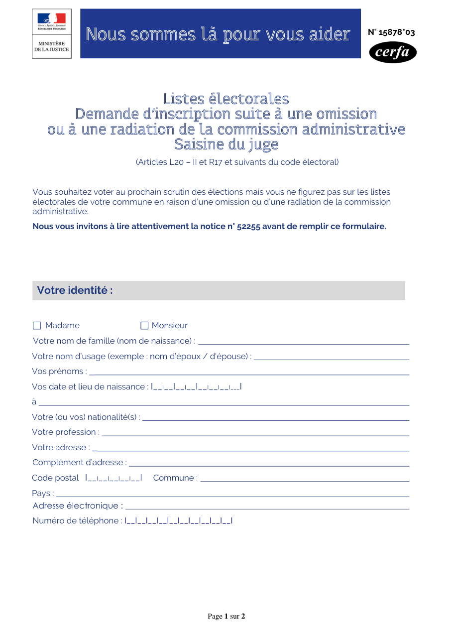 Page 1 du formulaire cerfa 15878 — Saisir le juge après une omission ou une radiation des listes électorales