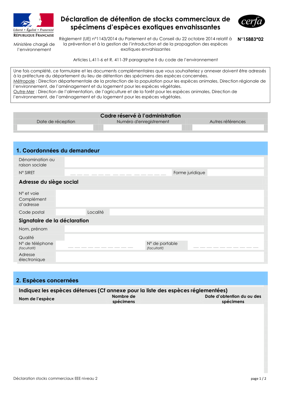 Page 1 du formulaire cerfa 15883 — Déclaration de détention de stocks commerciaux de spécimens d'espèces exotiques envahissantes