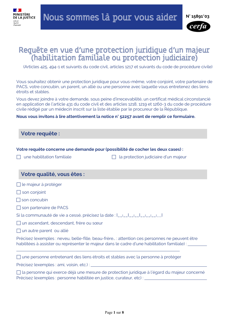 Page 1 du formulaire cerfa 15891 — Requête en habilitation familiale ou protection judiciaire d'un majeur