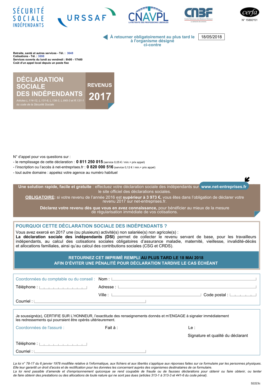 Page 1 du formulaire cerfa 15893 — Déclaration des indépendants