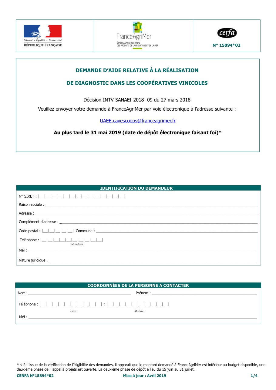 Page 1 du formulaire cerfa 15894 — Demande d’aide relative à la réalisation de diagnostic dans les coopératives
